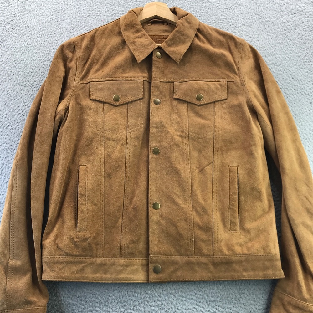 Asos Jacket Mens Medium Tan Suede Leather Trucker Snap Front Lined